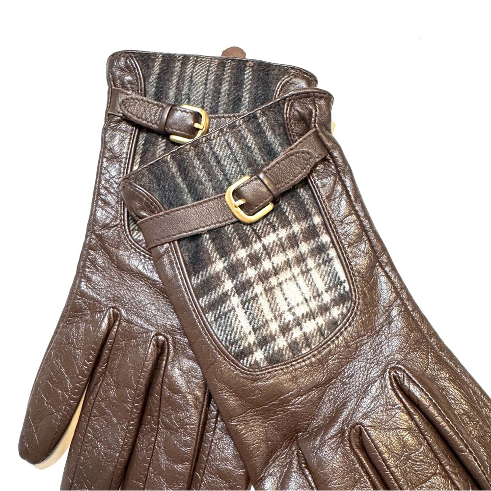 Vintage Merona Brown Leather Gloves with Tartan Plaid Fleece Detail Small Medium - Picture 4 of 7